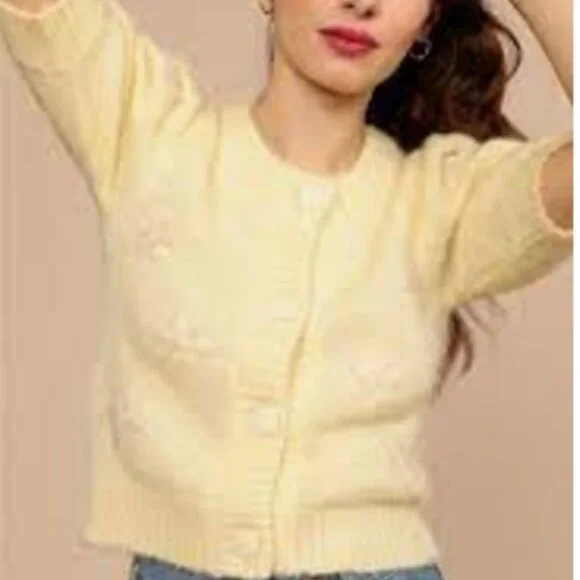 Rouje Paris Romeo Cardigan Sweater in Soft Yellow Size 40/Medium - Picture 2 of 11